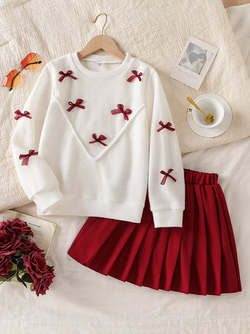 Children's Bow Long Sleeve Top and Skirt Set