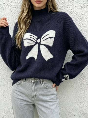 Bowknot Pattern Mock Neck Sweater