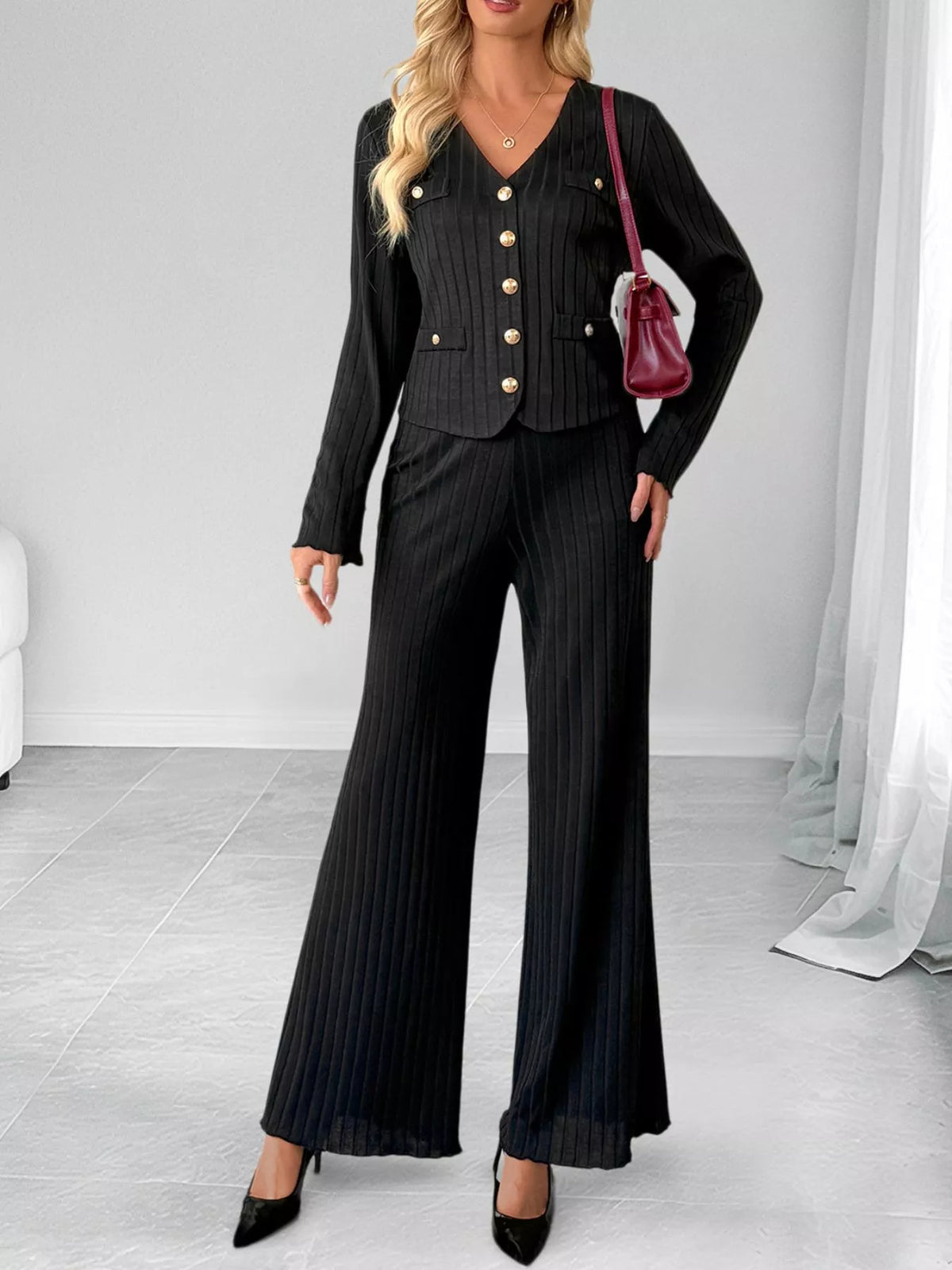 Ribbed Knit Cardigan & Wide Leg Pants Set