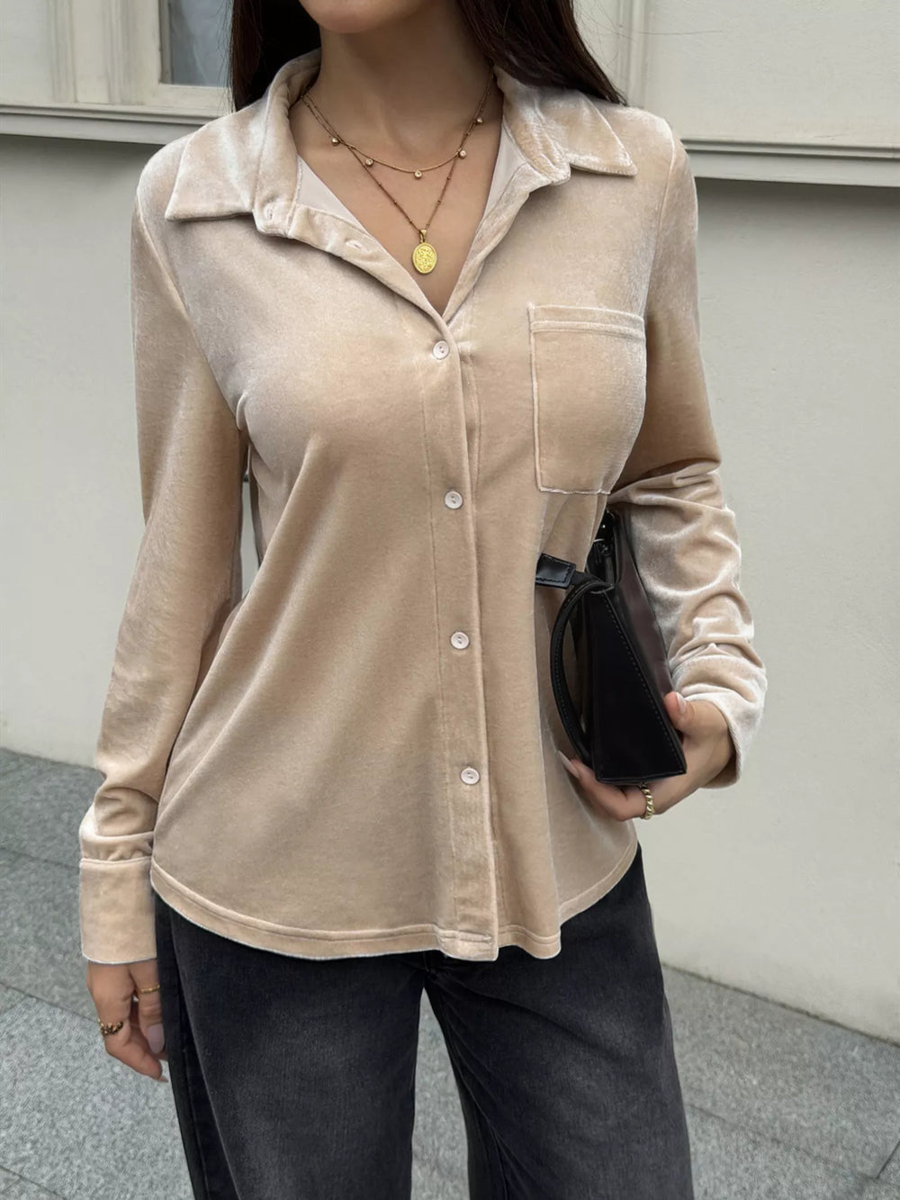 Velvet Button-Down Shirt with Chest Pocket