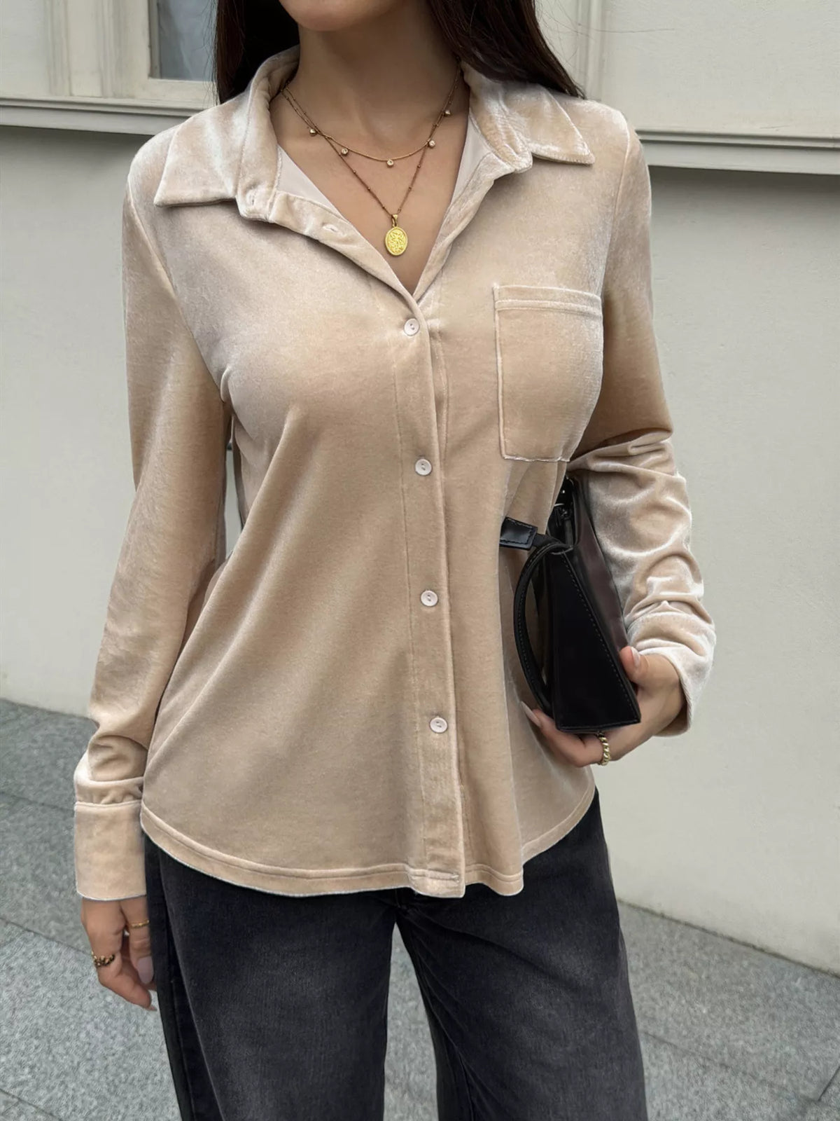 Velvet Button-Down Shirt with Chest Pocket