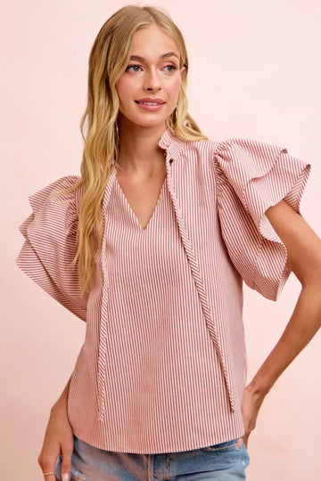 BiBi Twill Striped Ruffle Sleeve Blouse