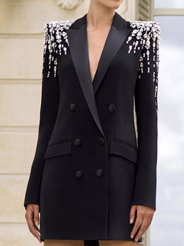 Full Size Rhinestone Shoulder Double-Breasted Blazer Plus Size