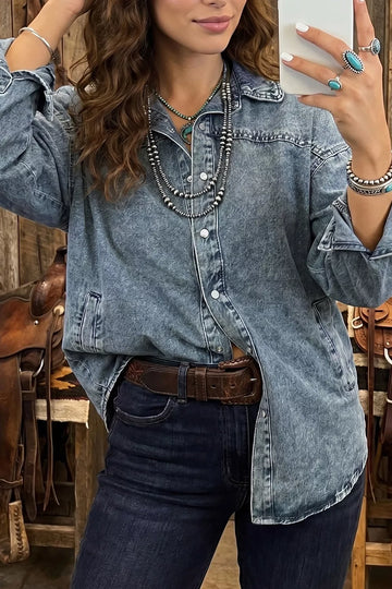 Western Long Sleeve Shirt Collar Tunic Denim Jacket