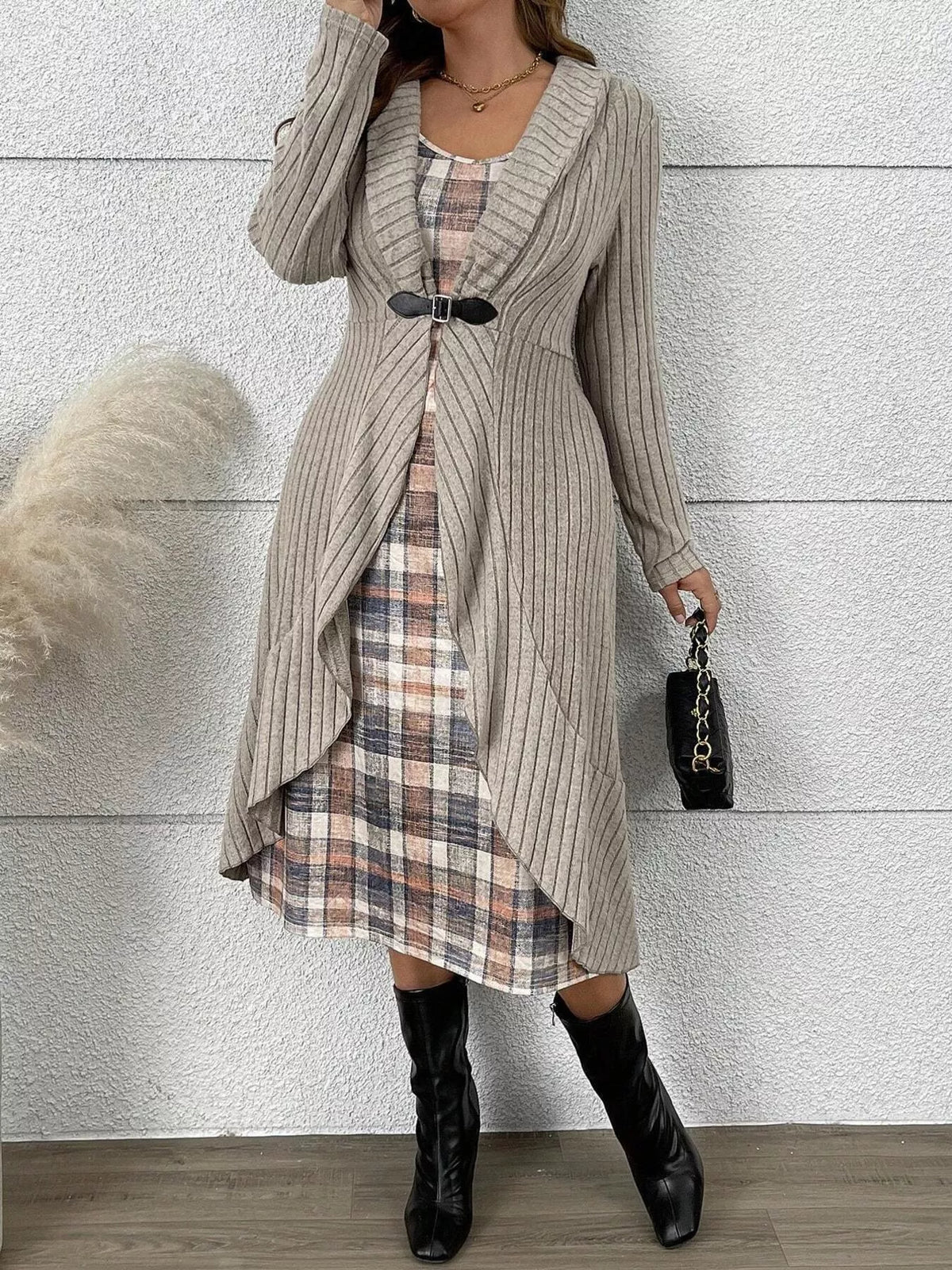Full Size Ribbed Knit Cardigan and Plaid Dress Two-Piece Set Plus Size