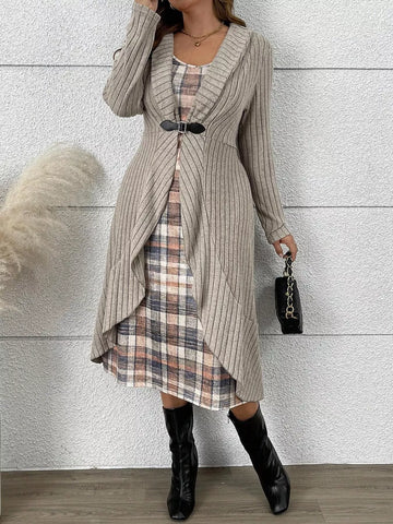 Full Size Ribbed Knit Cardigan and Plaid Dress Two-Piece Set Plus Size