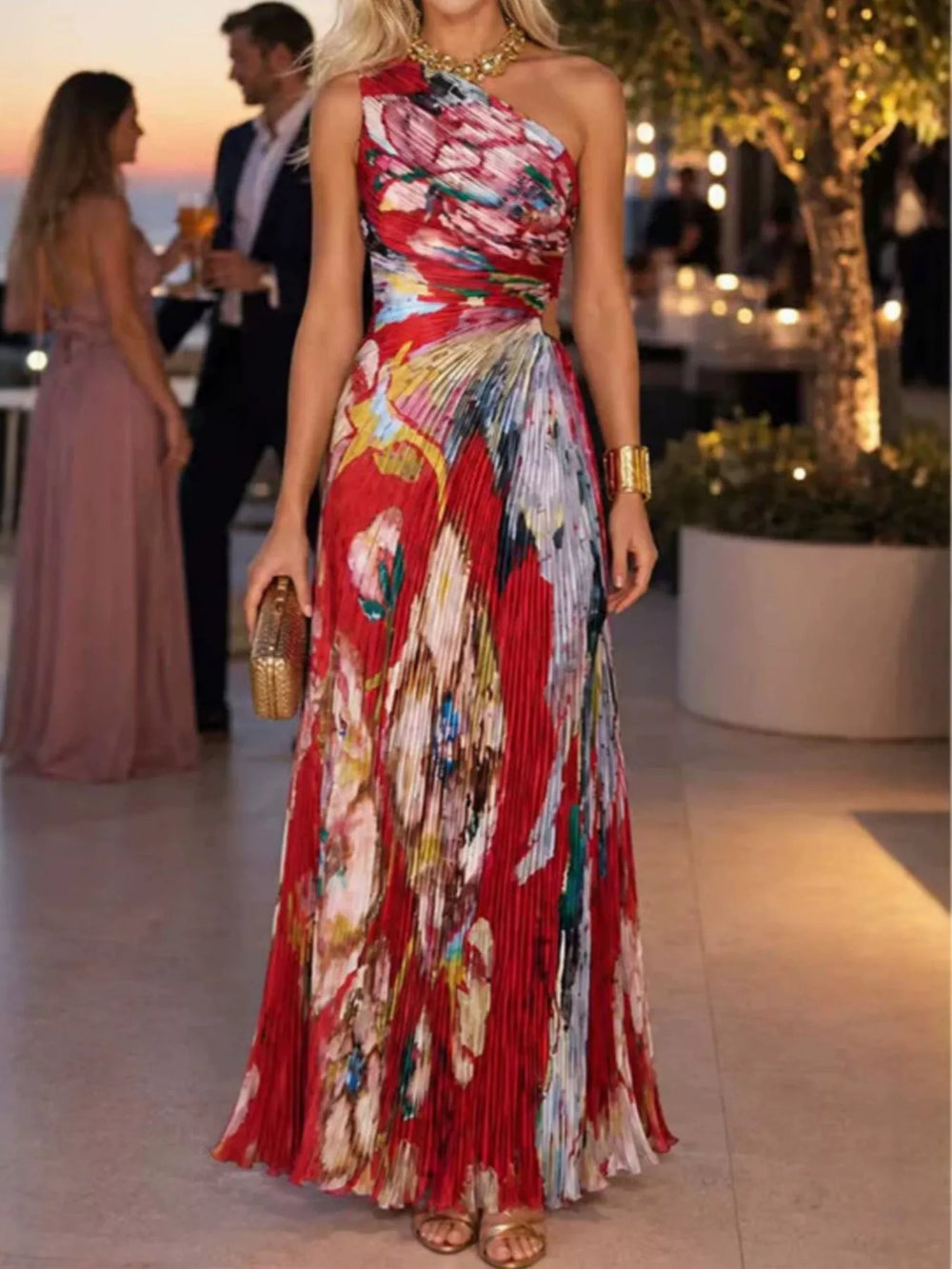 One-Shoulder Pleated Floral Maxi Dress