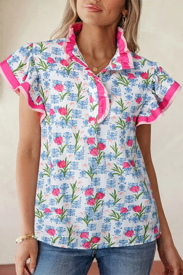 Floral Print Ruffle Collar Blouse