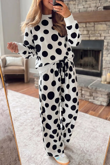 Polka Dot Print Long Sleeve Top and Wide Leg Pants Set