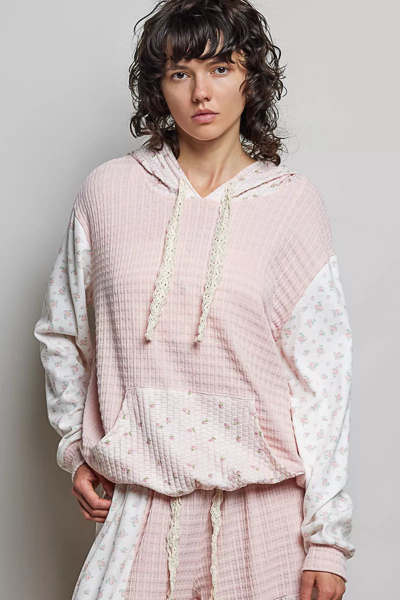 POL Mixed Knit Contrast Print Sleeve Hoodie with Kangaroo Pocket