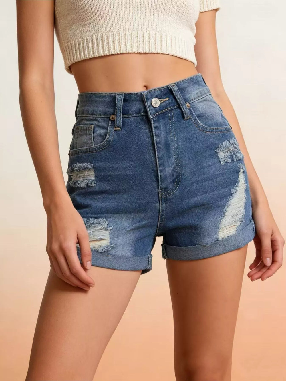 Distressed High-Waisted Denim Shorts