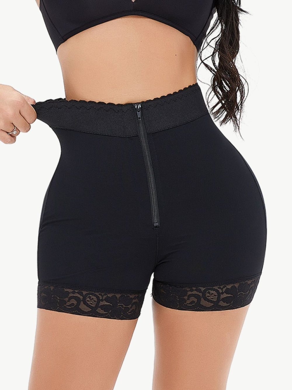 Full Size Zip Up Lace Trim Shaping Shorts