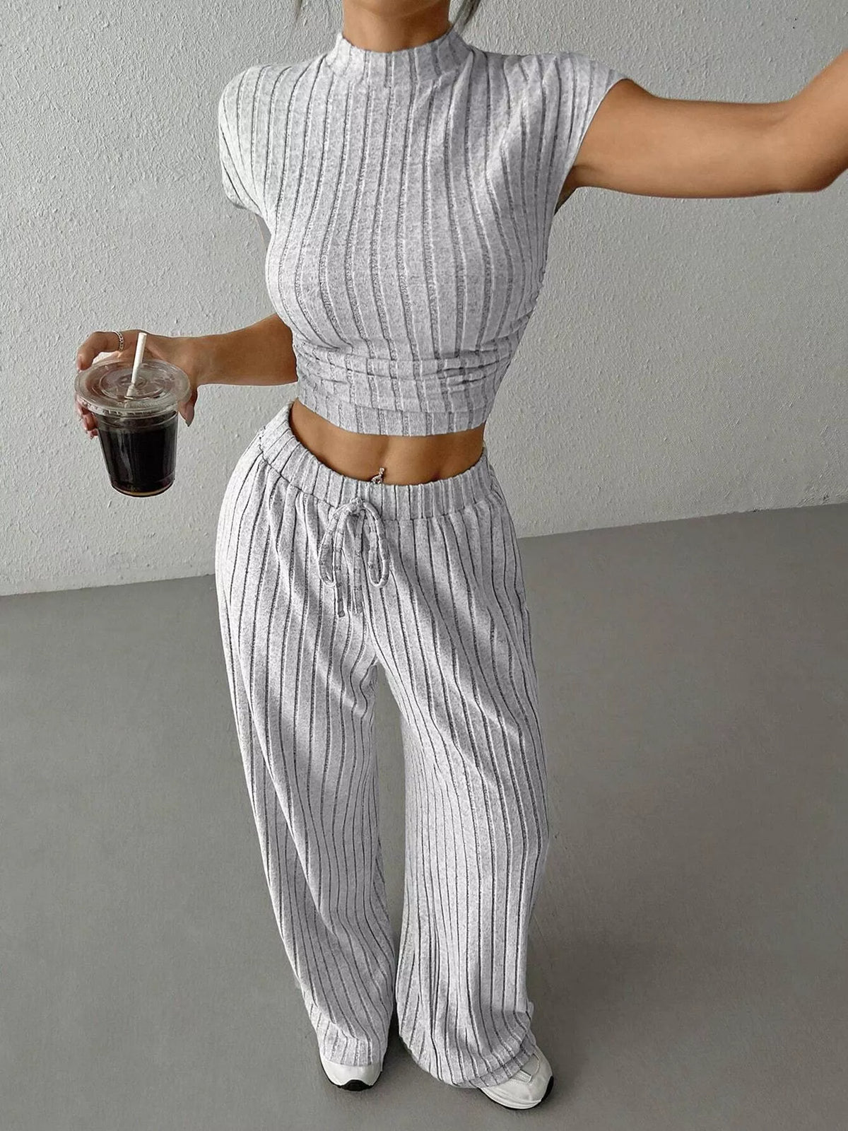 Ribbed Knit Top and Wide Leg Pants Set