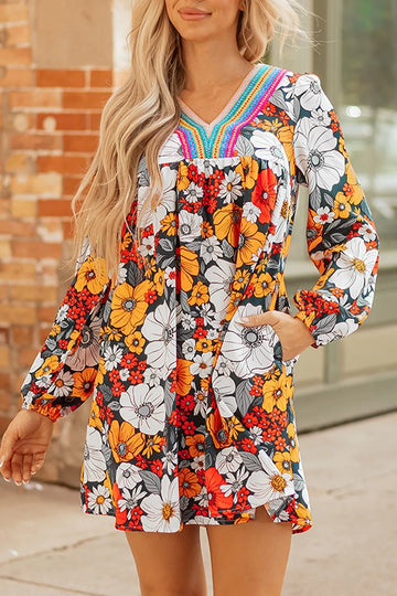 Boho Floral Print V-Neck Mini Dress with Pockets