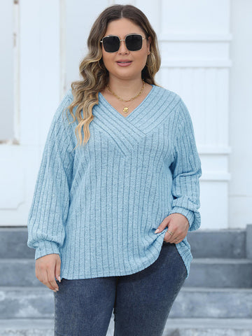 Plus Size Ribbed V Neck Long Sleeve Top