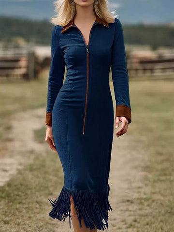 Full Size Fringe Hem Zip Front Midi Dress Plus Size