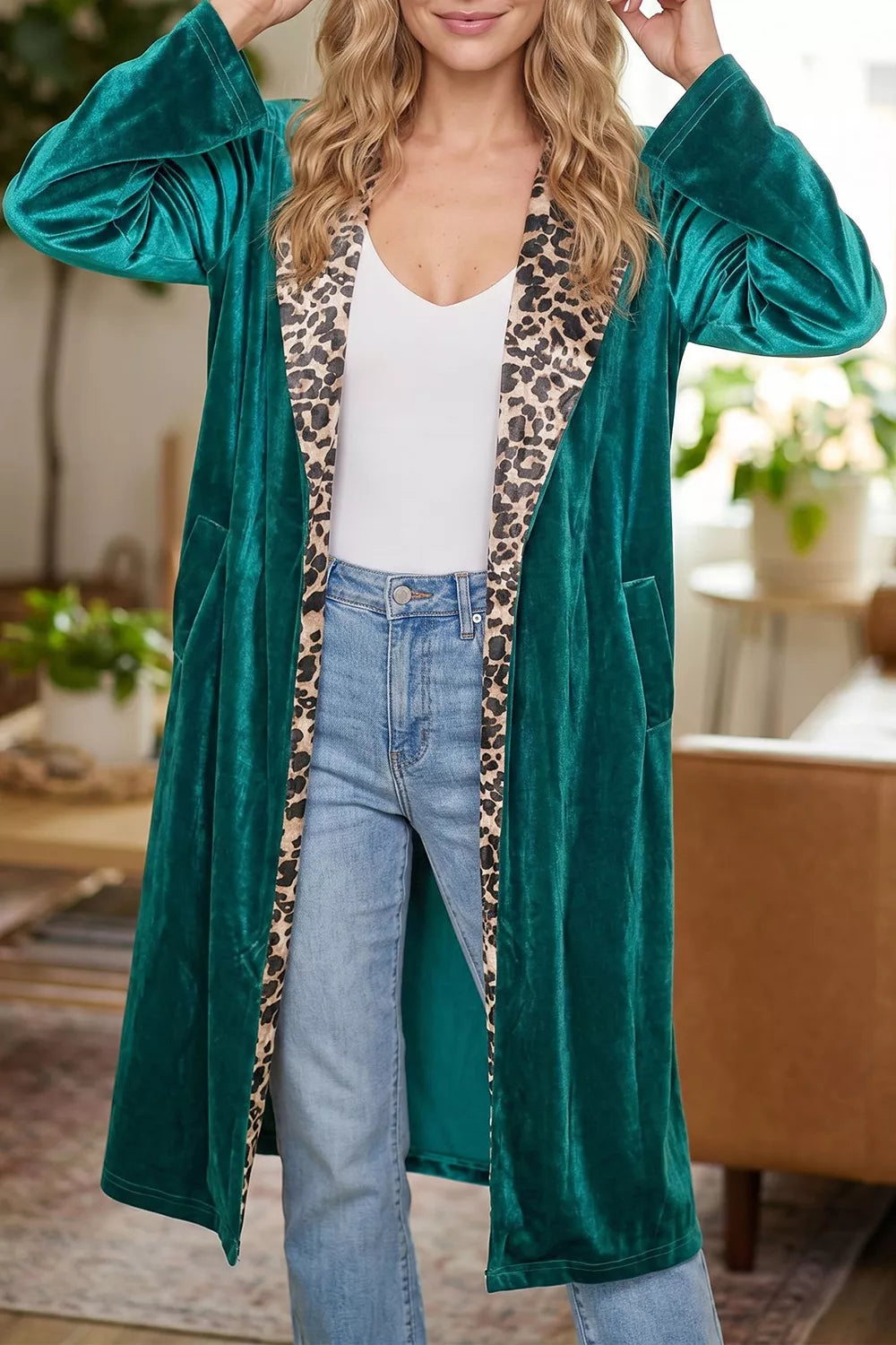 Velvet Contrast Leopard Print Lapel Collar Open Front Cardigan