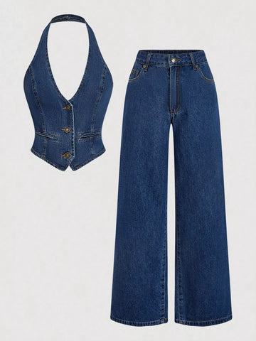 Halter Neck Denim Vest and Wide Leg Jeans Set