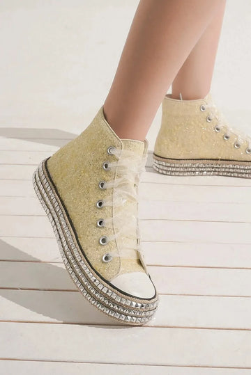 Beast Fashion Glitter Lace Up Studded Platform Sneakers