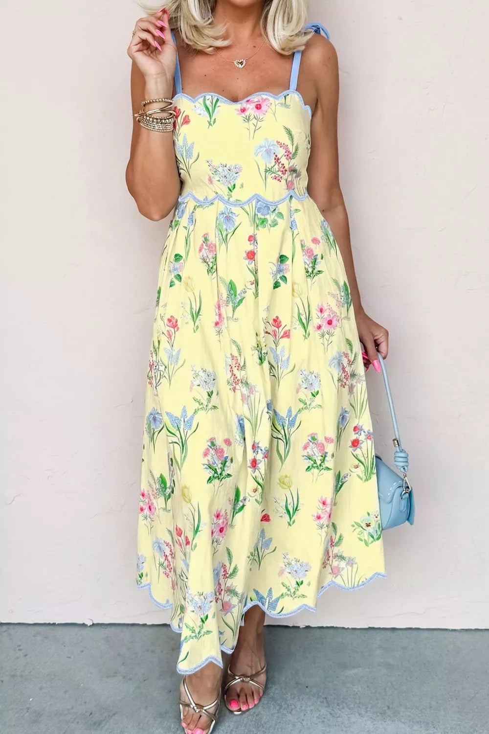 Floral Print Contrast Trim Self tie Straps High Waist Midi Dress
