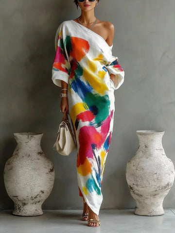 Full Size One-Shoulder Abstract Print Loose Fit Maxi Dress Plus Size