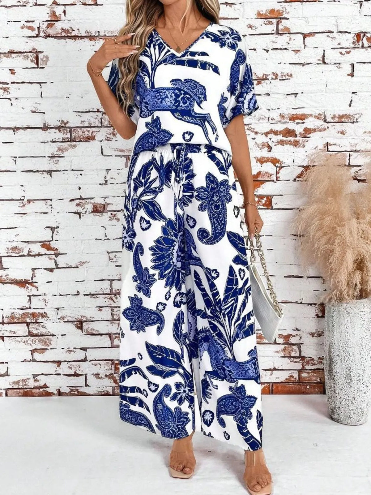 Printed V-Neck Top and Wide Leg Pants Set