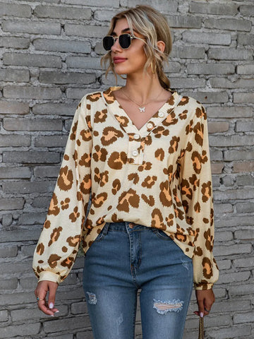 Leopard V Neck Decorative Button Long Sleeve Blouse