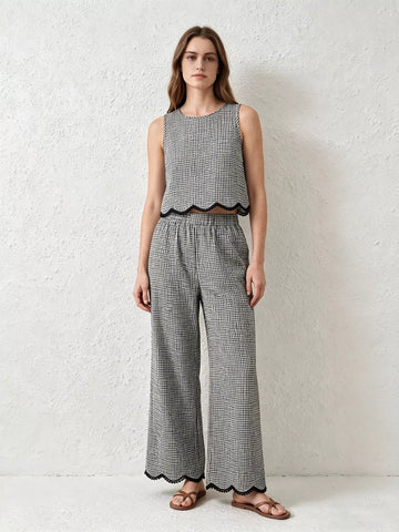 Plaid Scalloped Trim Tank and Pants Set