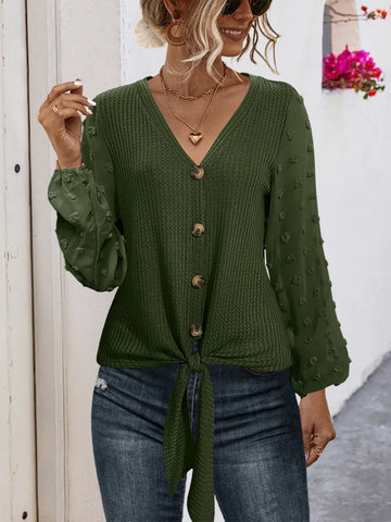 Tied Swiss Dot V Neck Long Sleeve Blouse