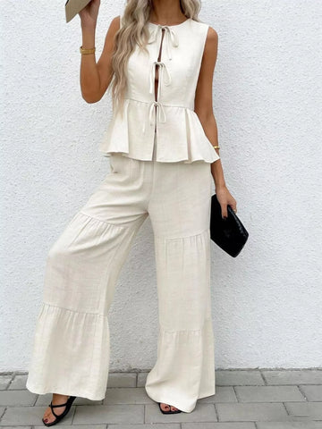 Sleeveless Tie-Front Top and Wide Leg Pants Set