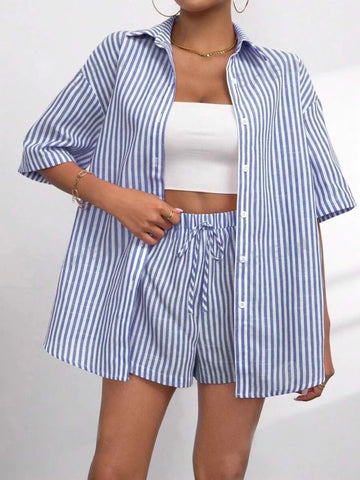 Striped Button Up Shirt and Shorts Casual Set