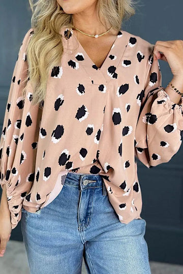 Contrast Animal Print V Neck Long Sleeve Blouse