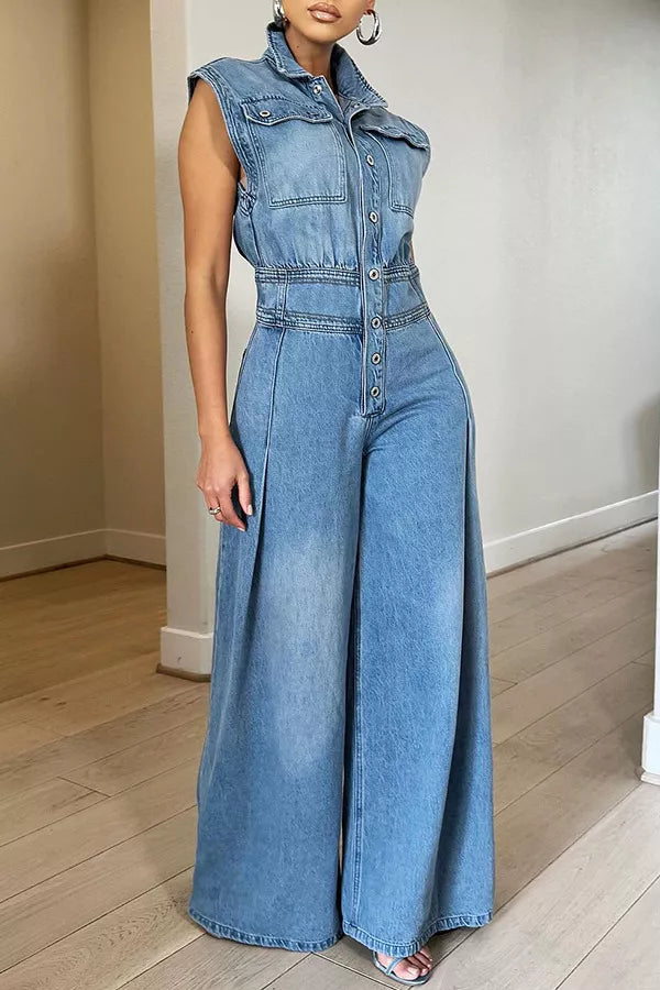 Sleeveless Wide Leg Denim Jumpsuit with Button Front