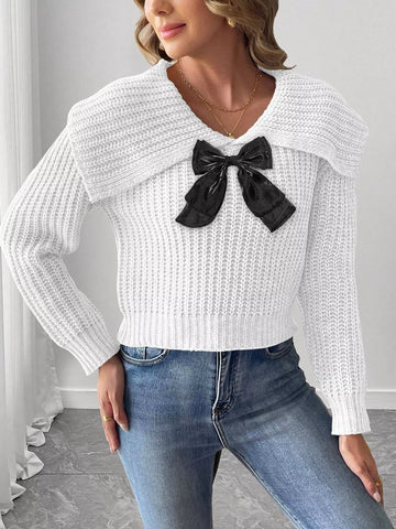 Contrast Bow Long Sleeve Sweater