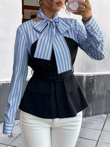 Striped Long Sleeve Blouse with Bow Tie