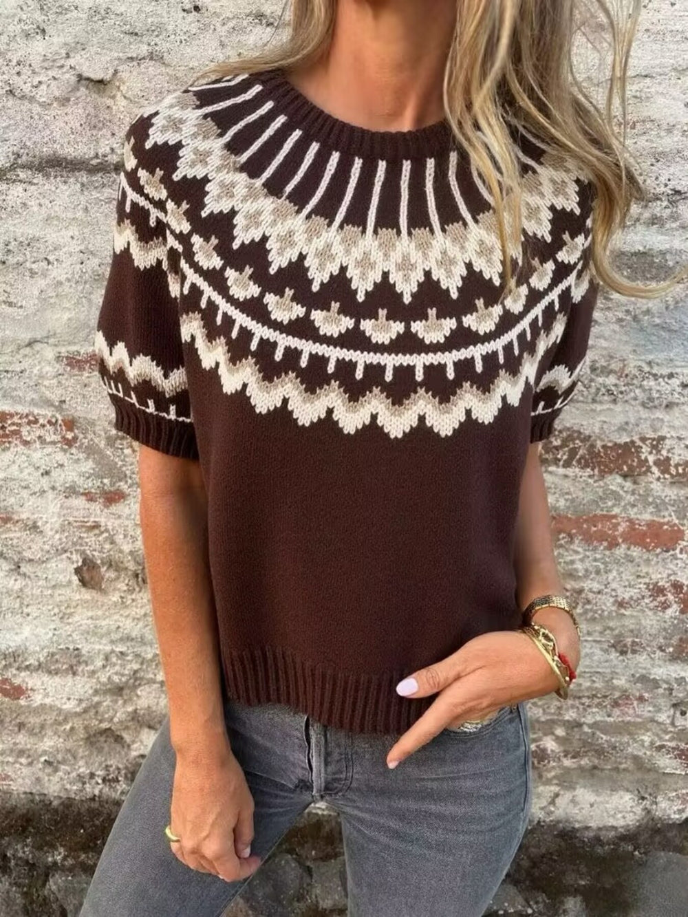 Vintage Pattern Short Sleeve Sweater