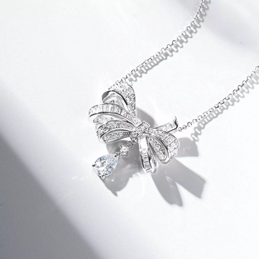 925 Sterling Silver Zircon Bow Teardrop Necklace