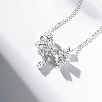 925 Sterling Silver Zircon Bow Teardrop Necklace