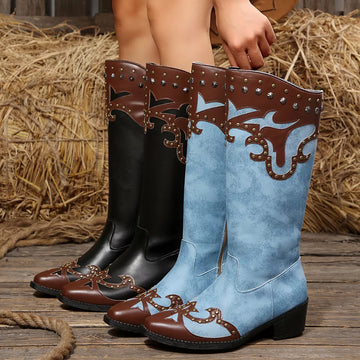 Western-Style Studded Two-Tone Mid-Calf Cowboy Boots