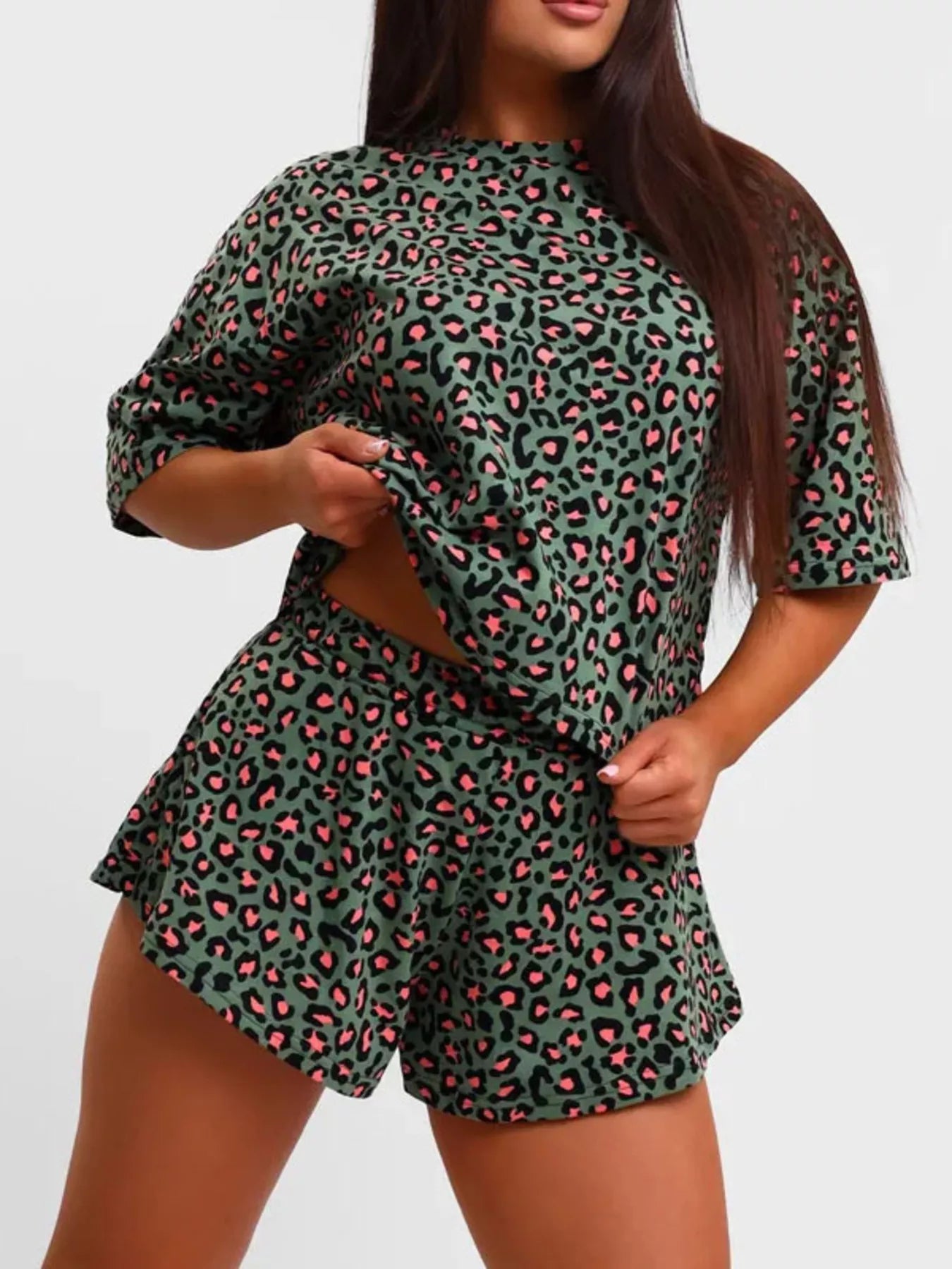 Leopard Print Relaxed Fit Tee and Shorts Lounge Set selected from Bottoms Spotlight for The Bottom Line: Silhouettes That Balance the Look