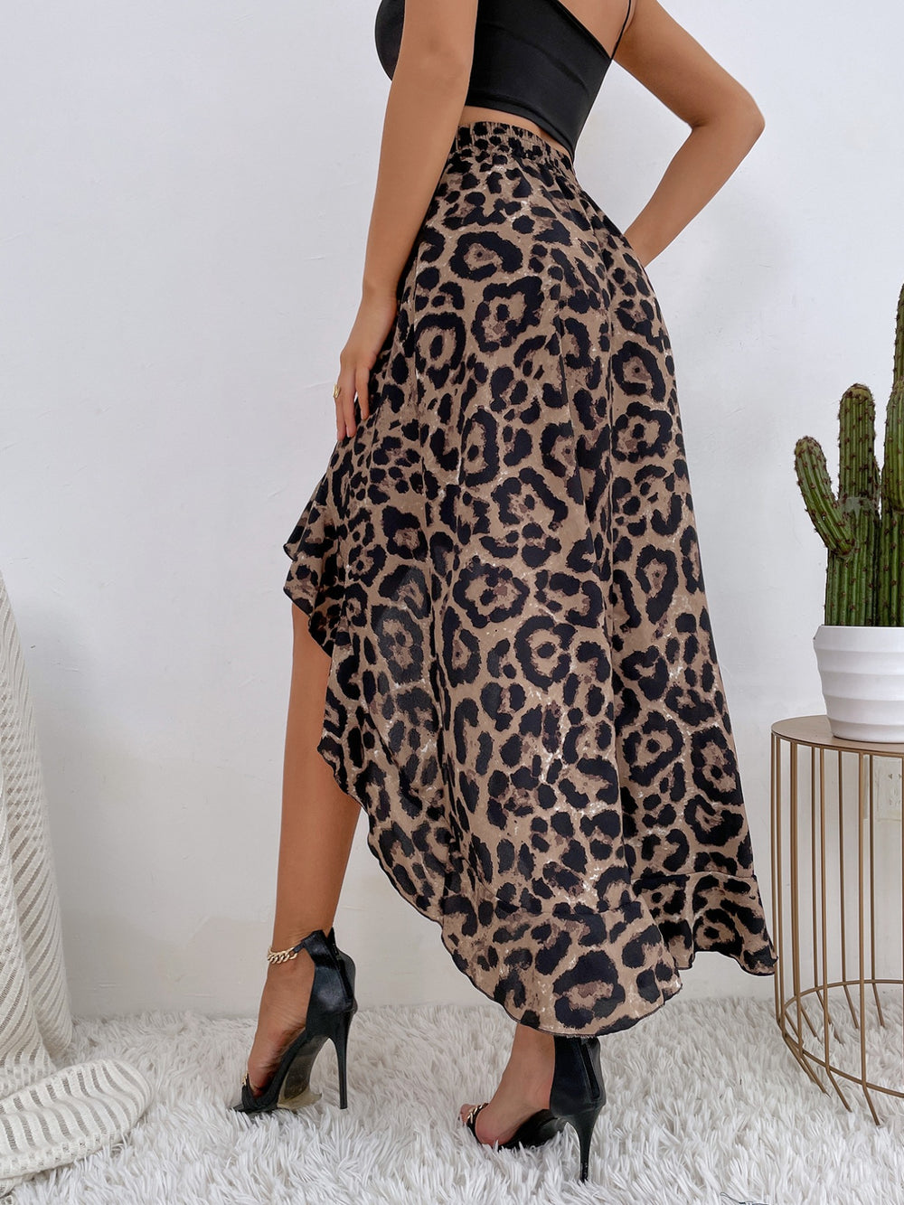 Leopard Print Ruffle Hem High Low Skirt