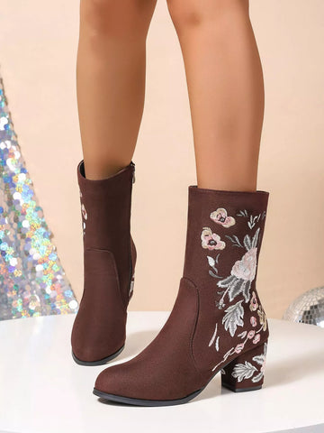 Floral Embroidered Block Heel Boots