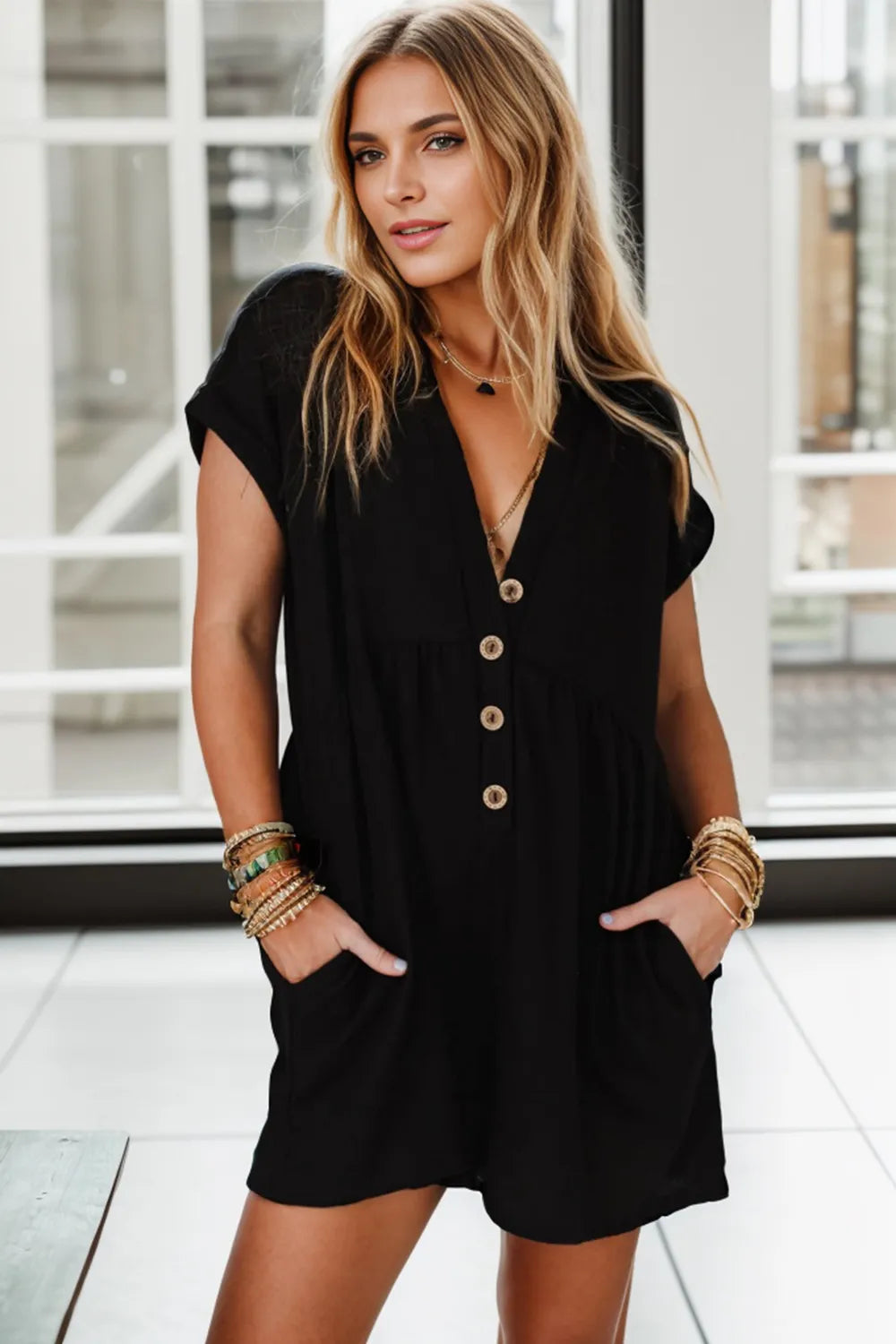 Pocketed V Neck Short Sleeve Romper