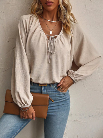 V-Neck Tie-Front Long Sleeve Blouse with Textured Fabric