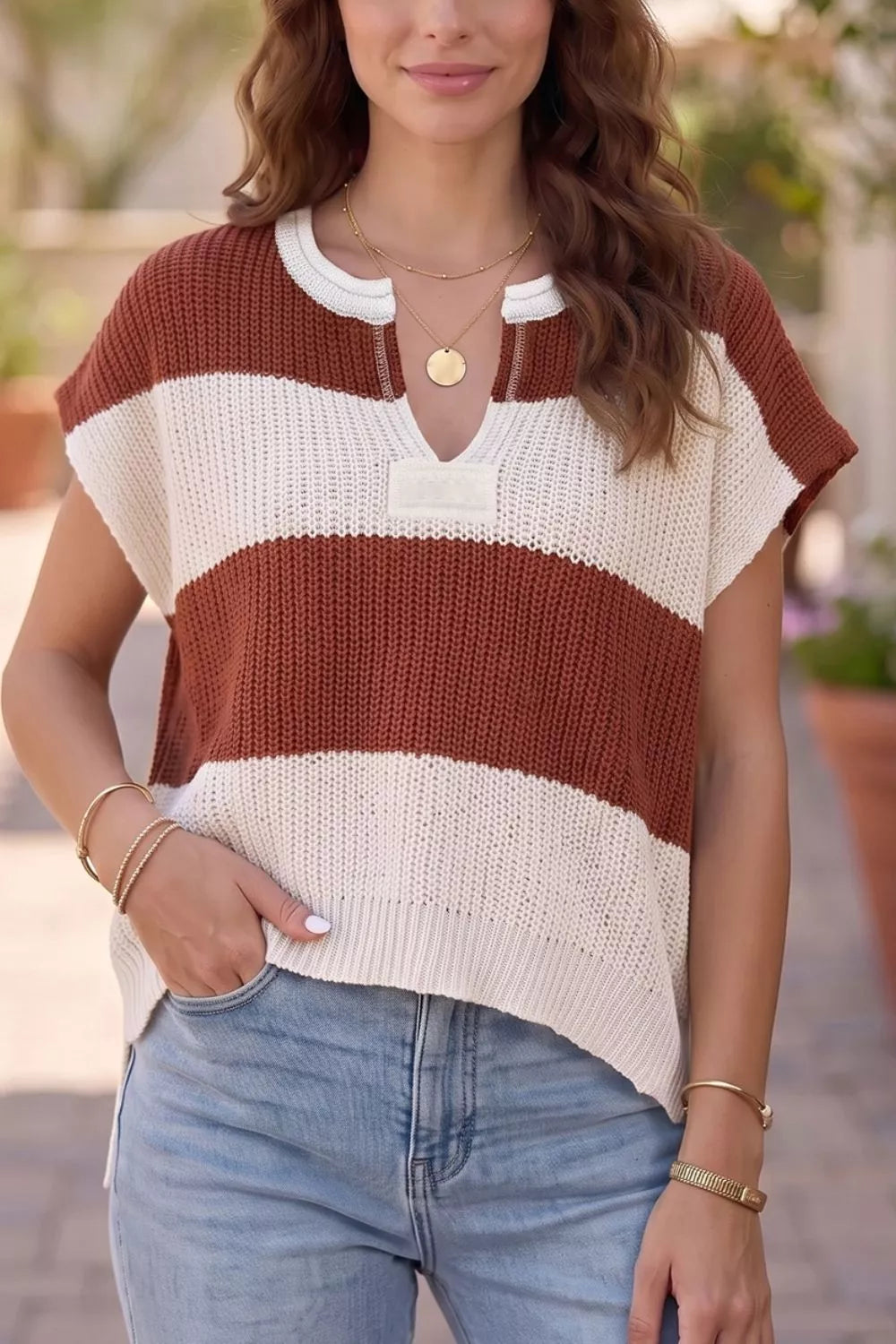 Striped Colorblock Knit Short Sleeve Loose Sweater