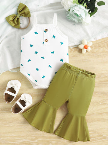 Children's Printed Bodysuit & Flare Leg Pants & Headband 3-Piece Set