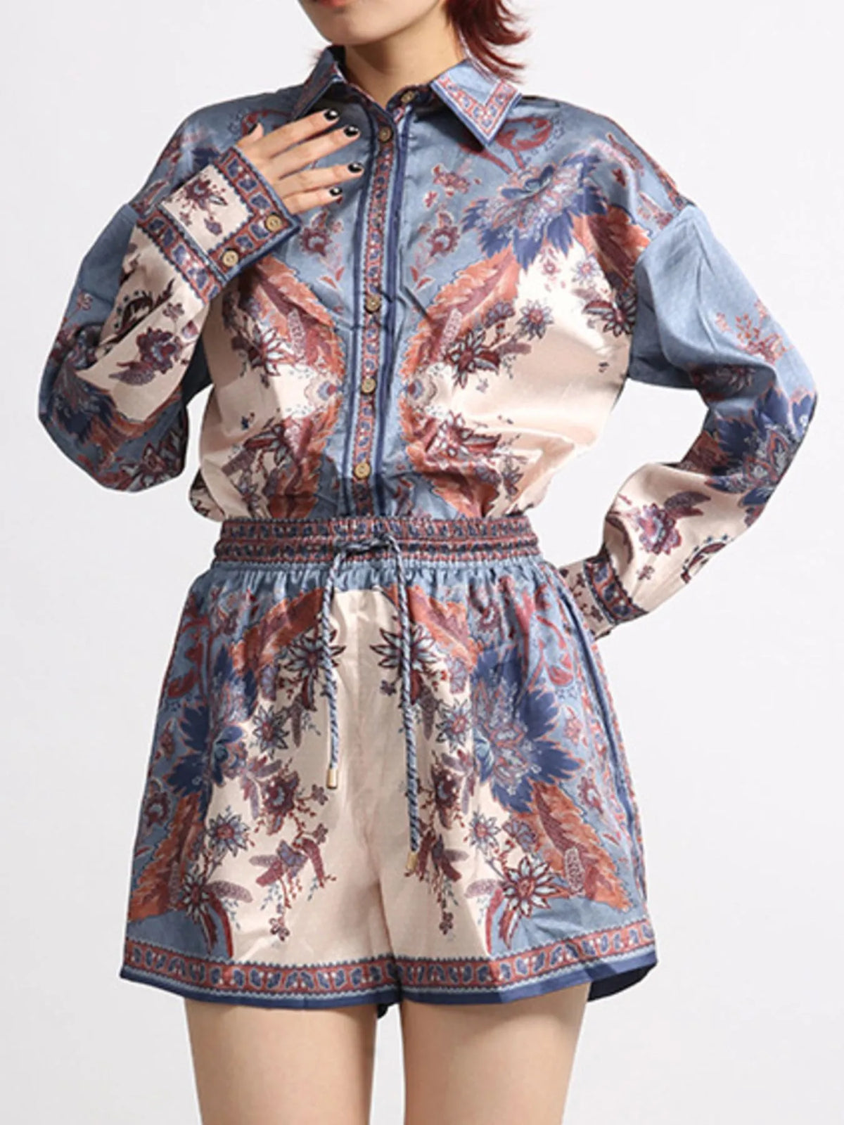 Printed Button Front Long Sleeve Shirt and Shorts Set