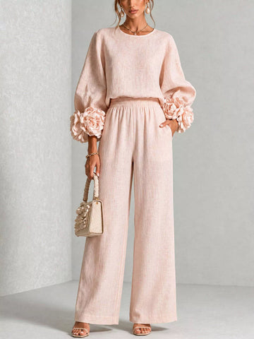 Full Size Floral Cuffs Top and Wide Leg Pants Set Plus Size