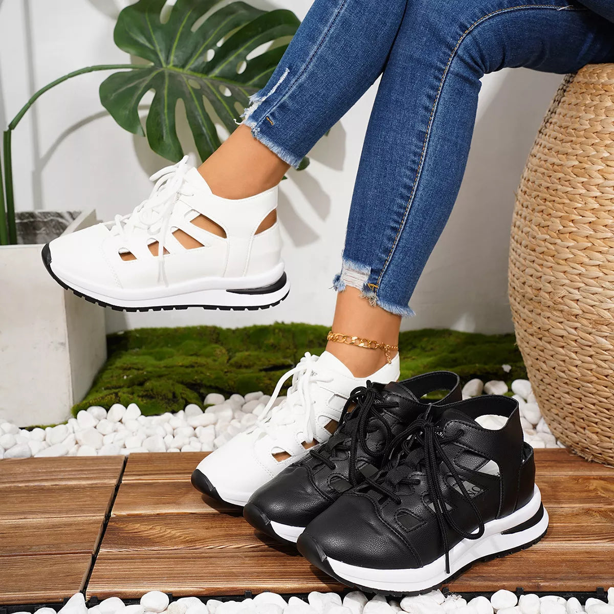 Round-Toe Lace-Up Sneakers