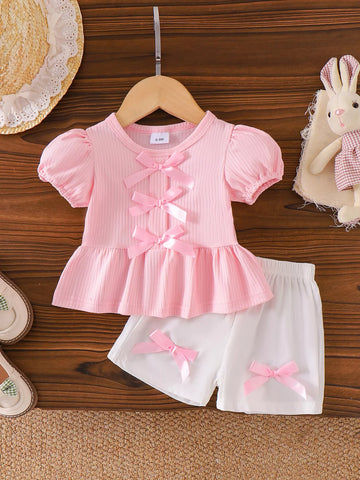 Children's Bow Ribbed Top and Shorts Set